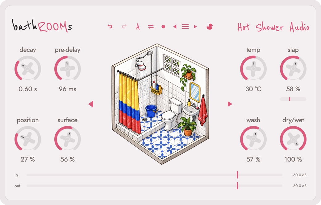 bathROOMs plugin interface: reverb knobs around a hand-drawn Colombian bathroom