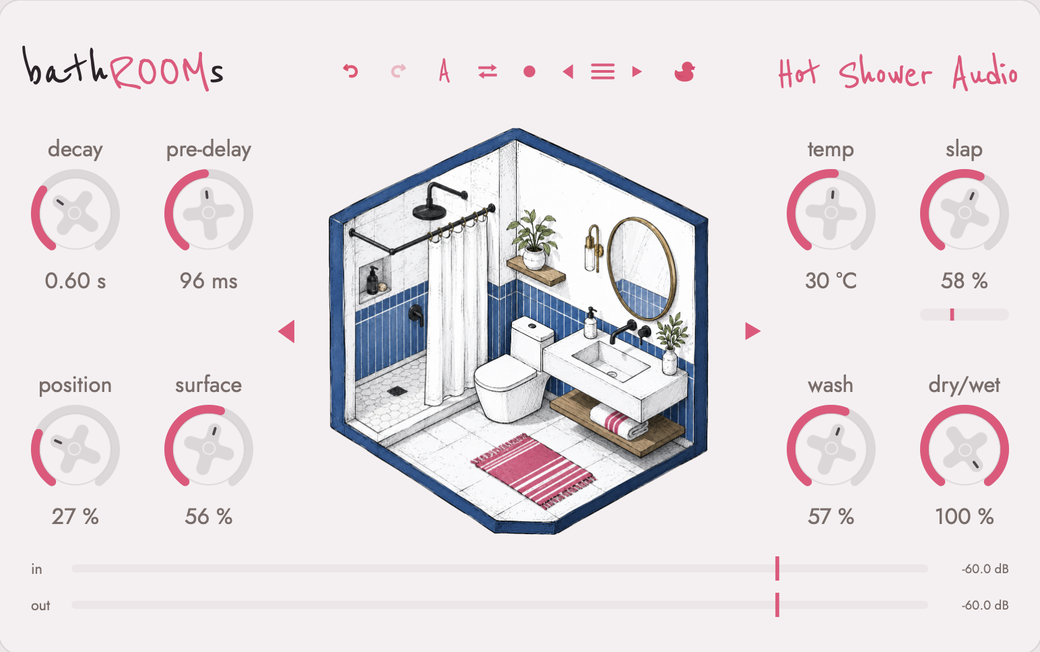 bathROOMs plugin interface: reverb knobs around a hand-drawn coastal bathroom