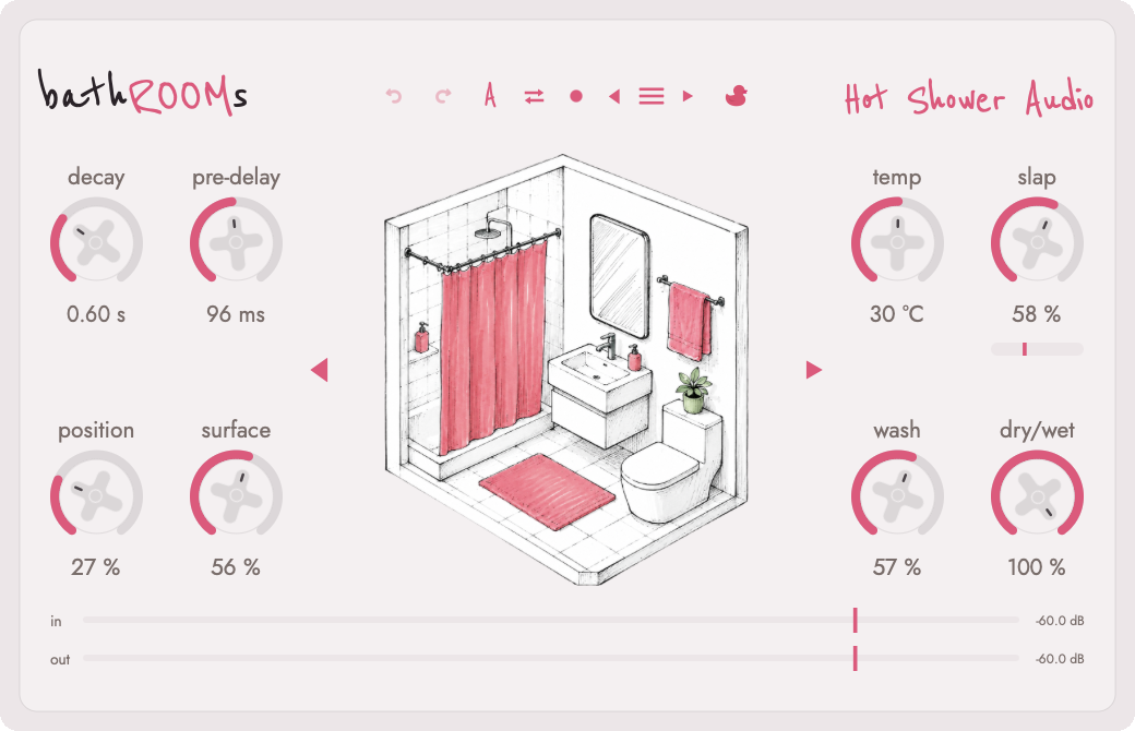 bathROOMs plugin interface: reverb knobs around the hand-drawn Porcelain room